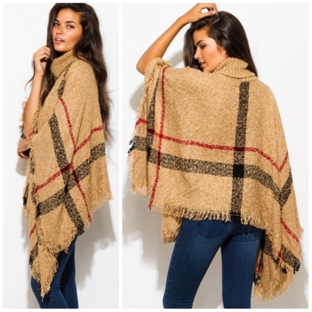 ❣️SALE❣️NEW!Fashion plaid poncho turtleneck in camel plaid